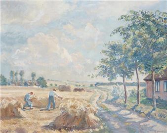 Long blue shadows over a field with harvest workers - Borge C. Nyrop