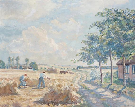Long blue shadows over a field with harvest workers - Borge C. Nyrop
