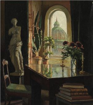 Interior with a desk with a view towards Glyptoteket, Copenhagen - Marinus Nielsen
