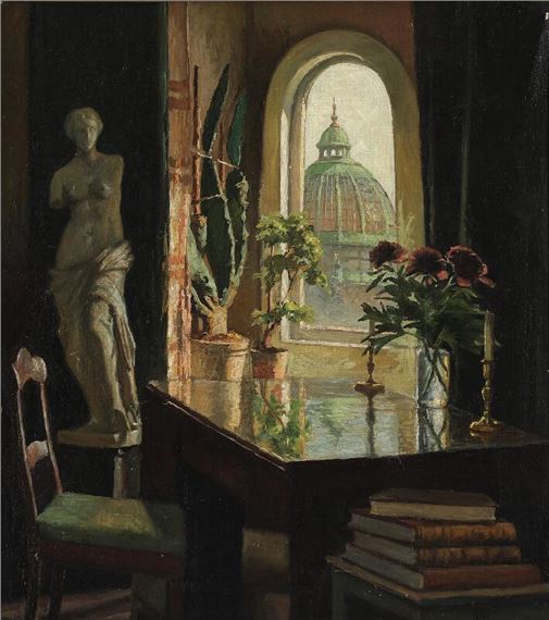 Interior with a desk with a view towards Glyptoteket, Copenhagen - Marinus Nielsen