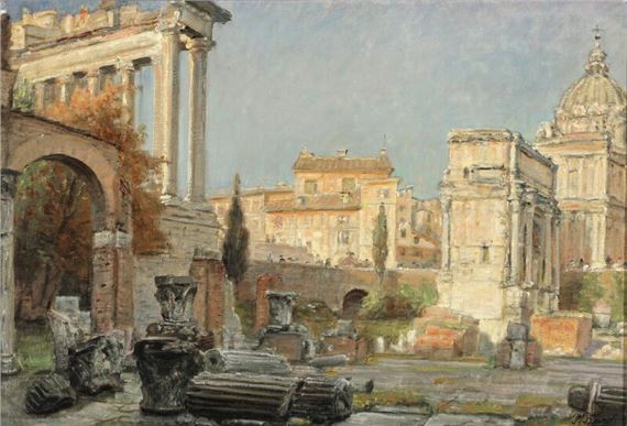 A watercolor painting of ancient Roman ruins under a soft, hazy sky.