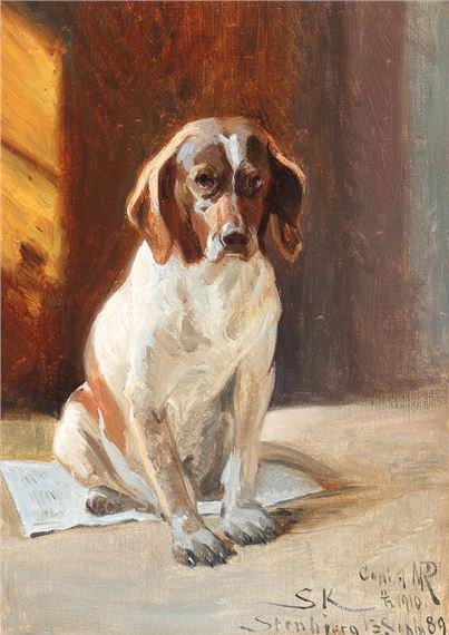 Jagthund siddende paa en Avis. Hvaps - Niels Peter Rasmussen