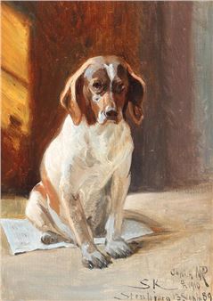 Jagthund siddende paa en Avis. Hvaps - Niels Peter Rasmussen