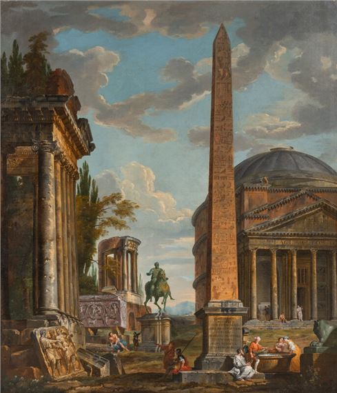 Giovanni Paolo Panini and Studio
(Italian, B.C. 1692–1765)
A Capriccio With Figures Gathered Around the Obelisk of Augustus, a View of the Pantheon, the Statue of Marcus Aurelius and the Temple of Sybil, Tivoli - Giovanni Paolo Pannini