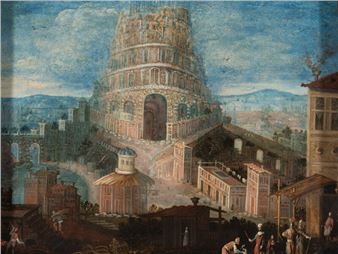 A classical painting depicting a towering, multi-tiered tower rising above a bustling city landscape under a cloudy sky.