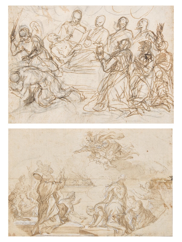 Artwork by Italian School, 16th Century, Italian School, 15th/16th Century
The Death of the Righteous and the Judgement of the Sinner and Discovery of an Empty Tomb (two works, Made of brown ink on paper