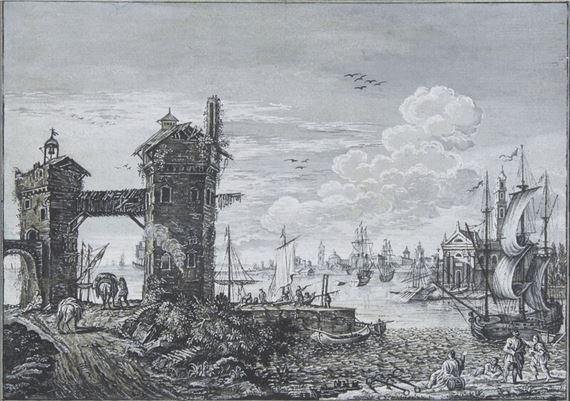 Attributed to Marco Ricci
(Italian, 1676-1729)
Harbor scene with two towers and various ships, a city in the background - Marco Ricci