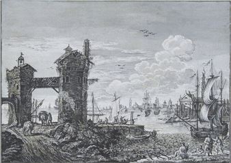 Attributed to Marco Ricci
(Italian, 1676-1729)
Harbor scene with two towers and various ships, a city in the background - Marco Ricci