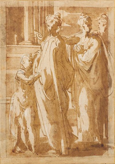 Girolamo Mazzola, called Parmigianino
(Italian, 1503-1540)
A Group of Figures standing by a Column, Two Women, one with a Baby, the other with a Child, and a Man in the Background - Parmigianino