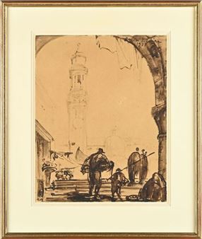 People in front of the leaning Campanile de Santo Stefano in Venice - André Maire