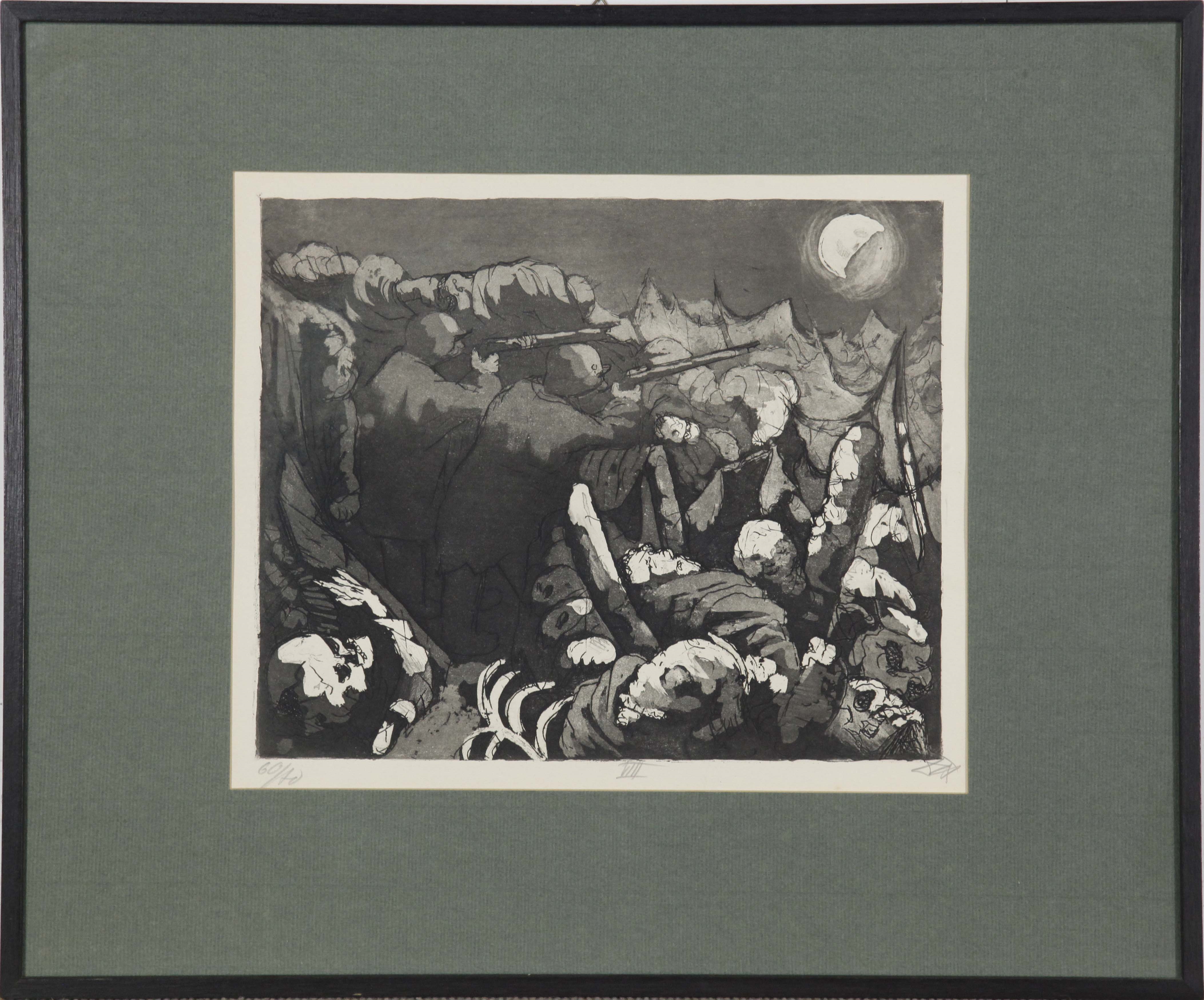 Artwork by Otto Dix, Die Sapposten haben nachts das Feuer zu unterhalten, Made of Etching