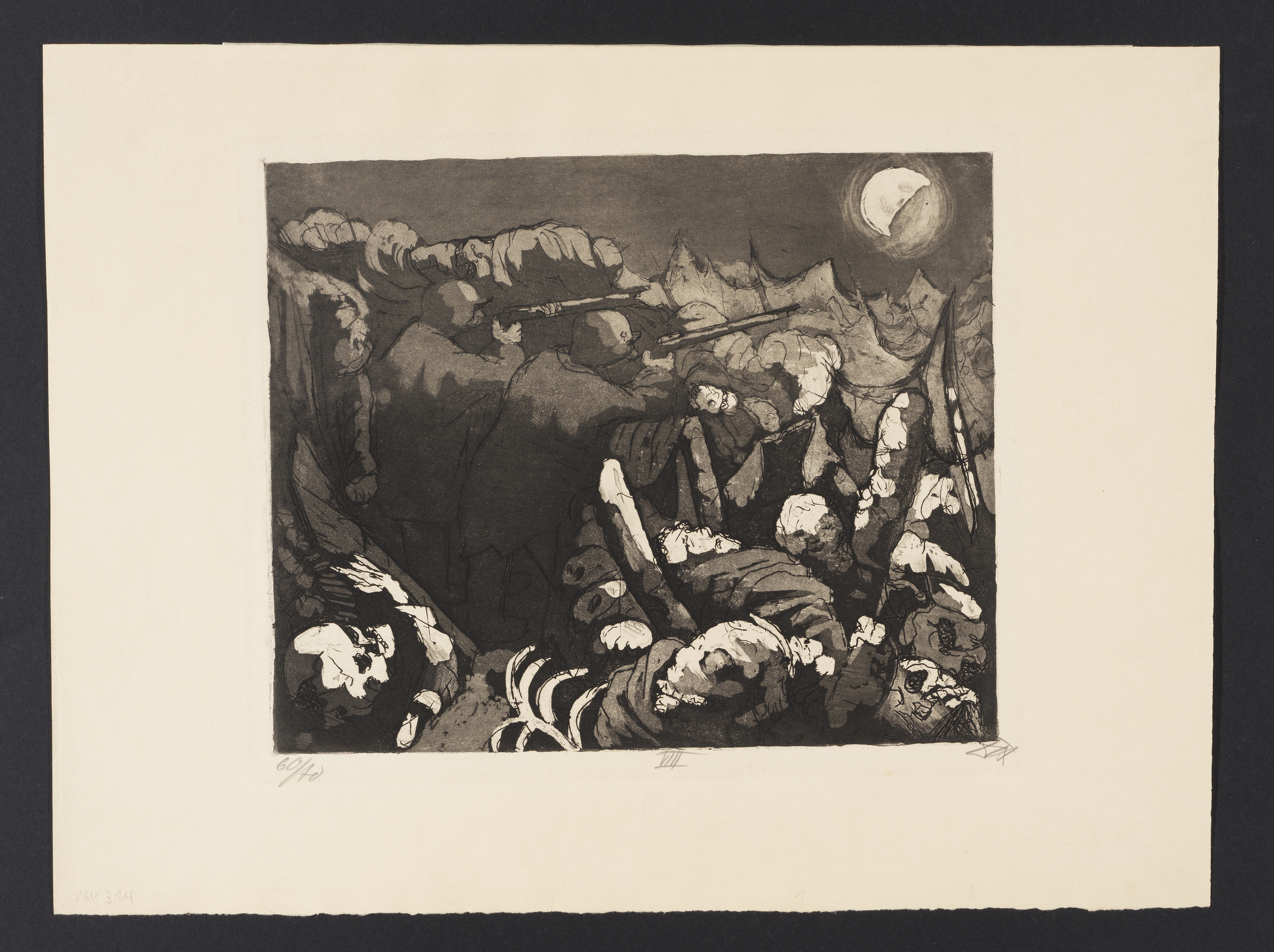 Artwork by Otto Dix, Die Sapposten haben nachts das Feuer zu unterhalten, Made of Etching