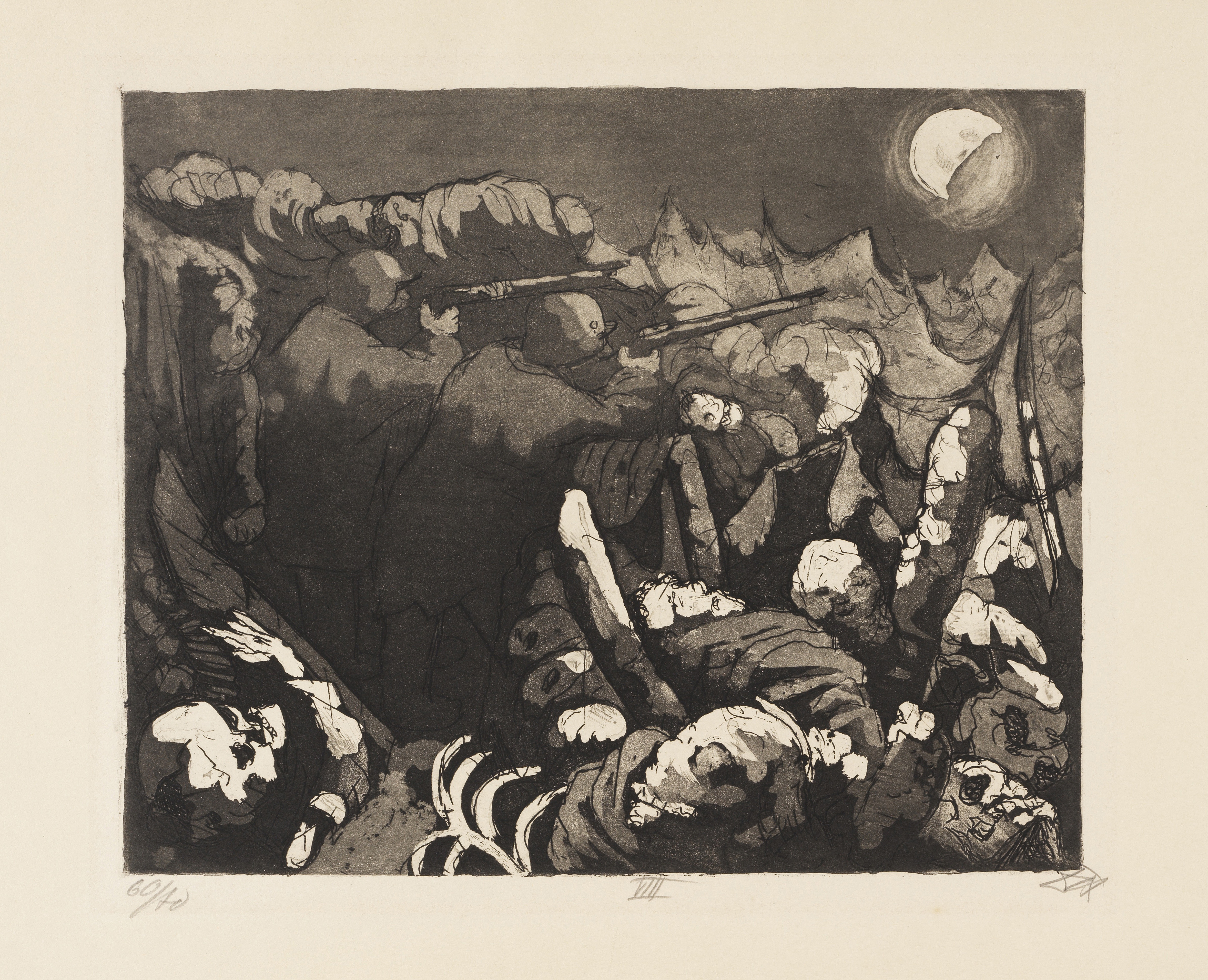 Artwork by Otto Dix, Die Sapposten haben nachts das Feuer zu unterhalten, Made of Etching