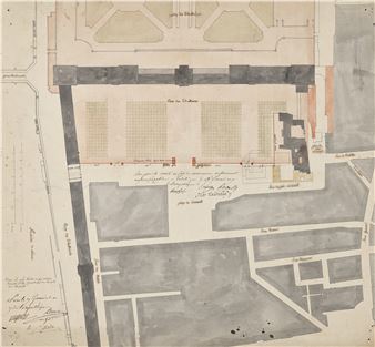 Trois études d’un fanal pour l’aménagement de l'entrée principale du palais impérial des Tuileries; On joint un Projet de construction de grille à élever entre la cour des Tuileries et la place du Carrousel, 27 mars 1799, par Étienne-Chérubin Leconte (1761-1818) - Pierre-François-Léonard Fontaine
