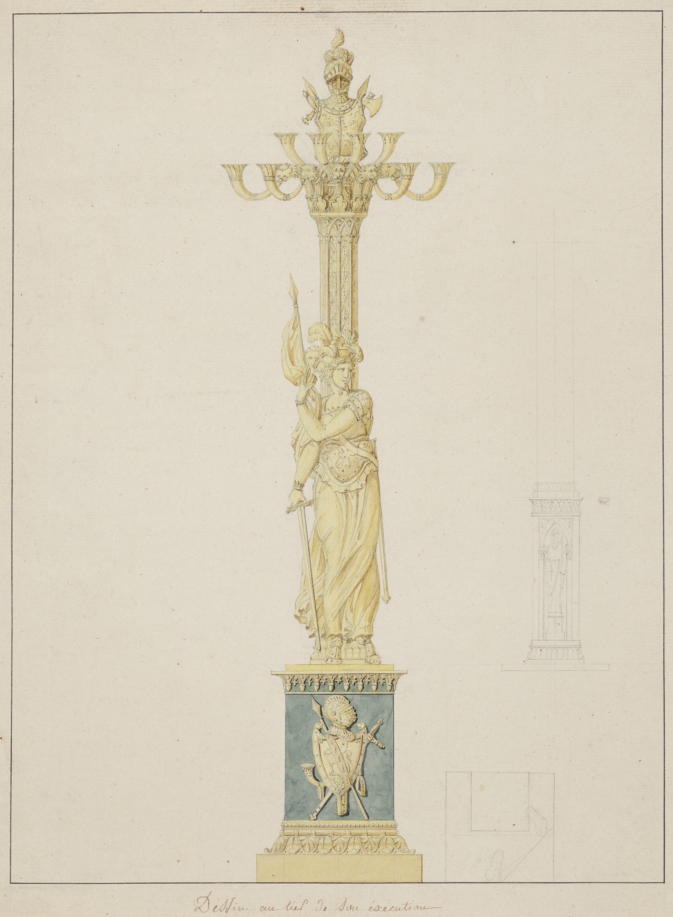 Artwork by Pierre-François-Léonard Fontaine, Charles Percier, Projet de candélabre ‘Jeanne d’Arc’, Made of GRAPHITE, PEN AND BLACK INK, WATERCOLOR