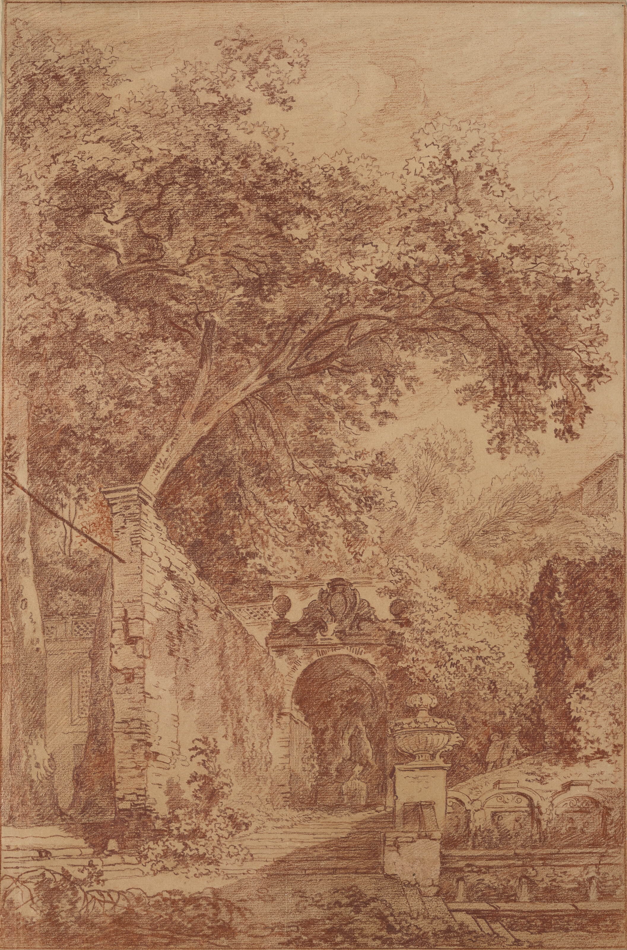 Artwork by Jean-Honoré Fragonard, La fontaine de Pomone et l'allée des Cent Fontaines de la Villa d'Este à Tivoli, Made of RED CHALK
