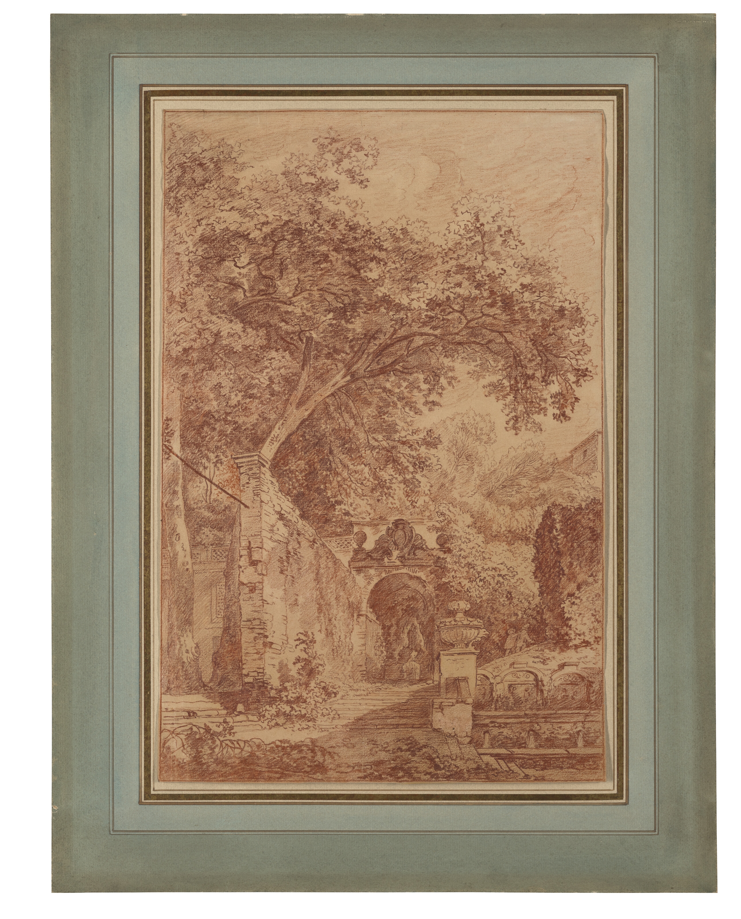 Artwork by Jean-Honoré Fragonard, La fontaine de Pomone et l'allée des Cent Fontaines de la Villa d'Este à Tivoli, Made of RED CHALK