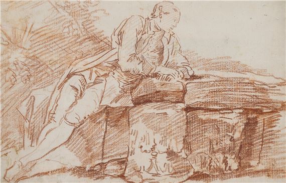 Portrait d'homme assis, accoudé sur un bloc de pierre - Jean-Honoré Fragonard