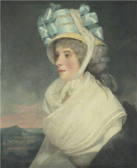 Portrait d'une dame dans une robe blanche avec un chapeau de paille jaune et des rubans bleus - George Romney