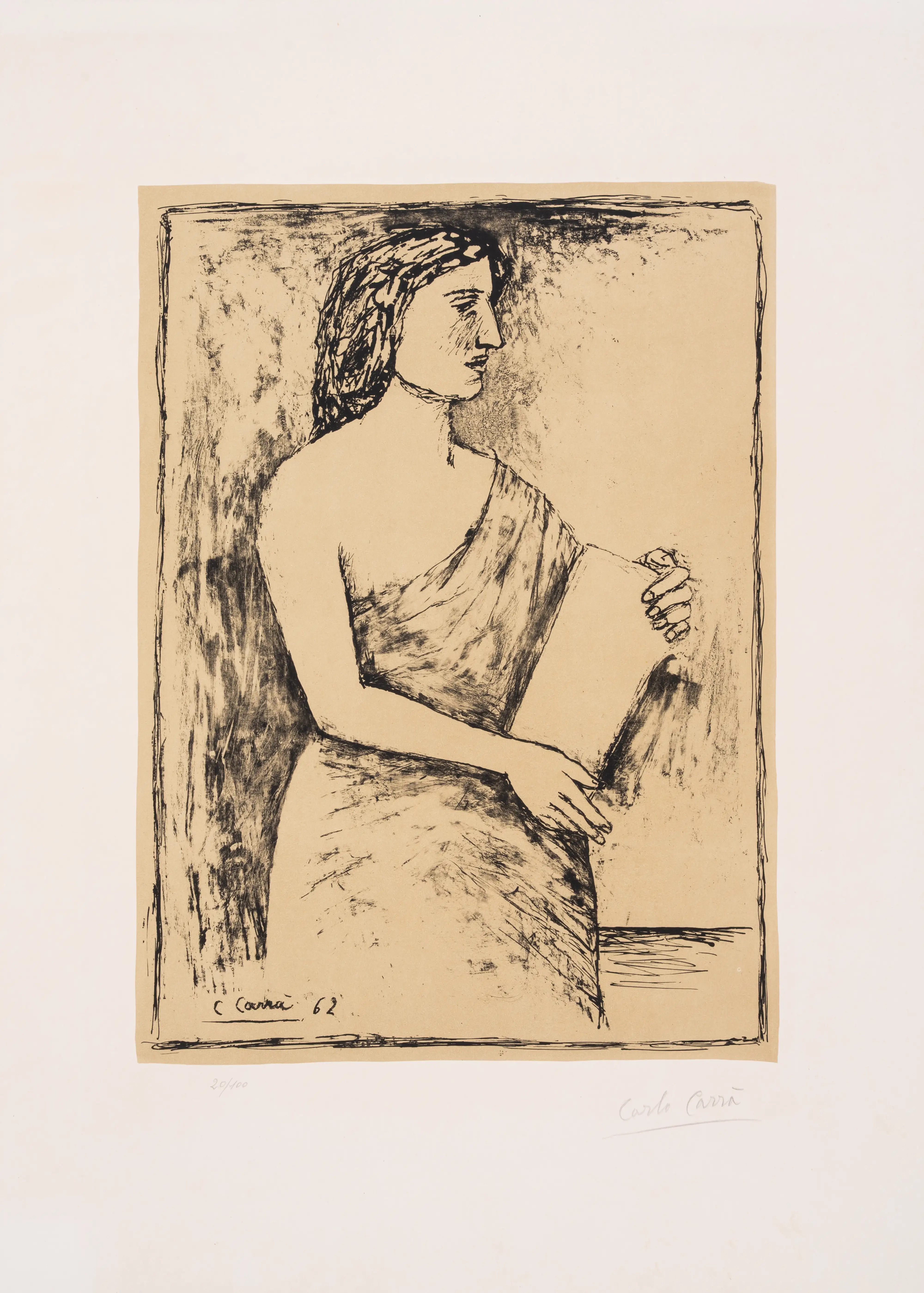 Artwork by Carlo Carrà, Donna con il Libro, Made of Lithograph Printed In Colours