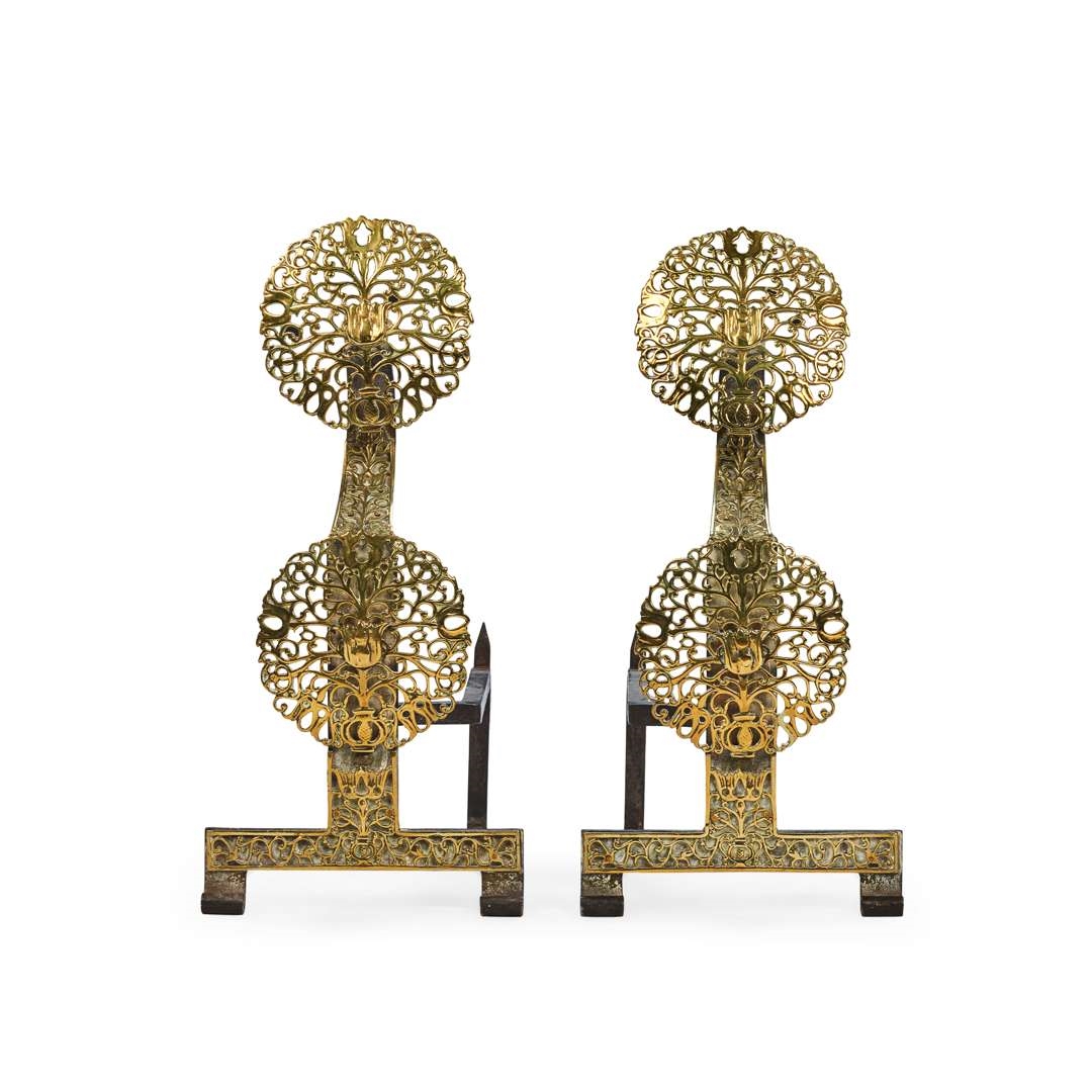 Artwork by Ernest William Gimson, PAIR OF ARTS & CRAFTS FIRE DOGS, Made of Brass And Wrought Iron