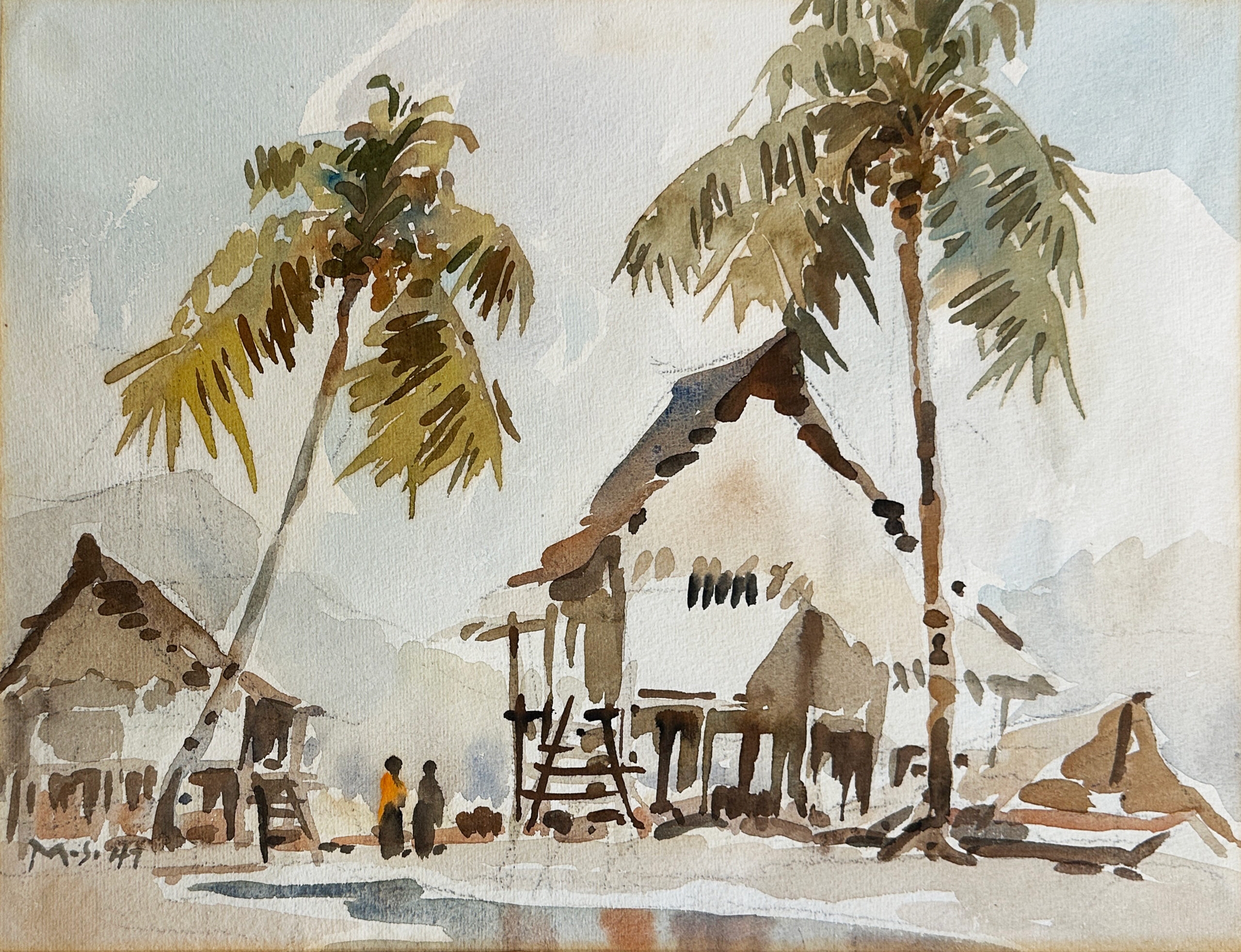 Artwork by Yong Mun Sen, Kampong Scene, Made of Watercolour And Pencil On Paper