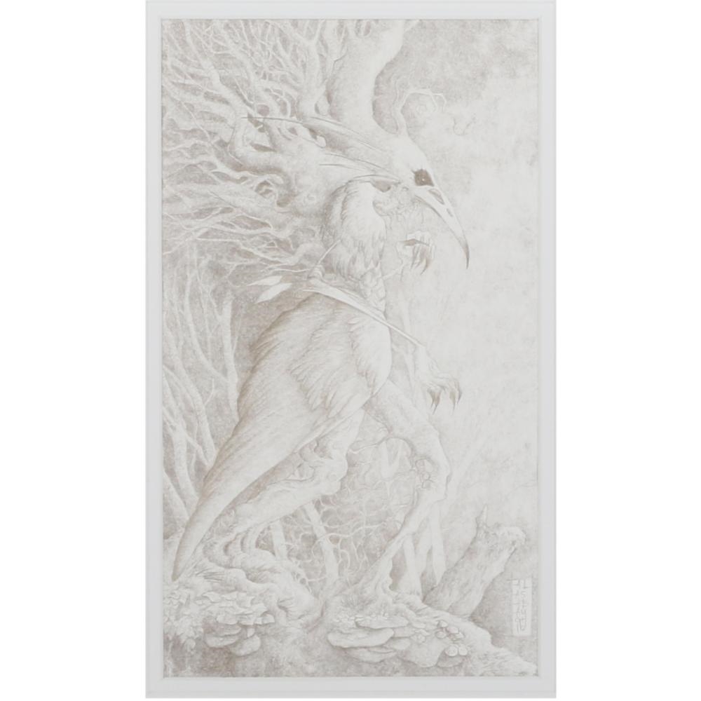 Artwork by Amy Ashbaugh, mythical beast, zoomorphic bird form tree branches, Made of Graphite On Paper