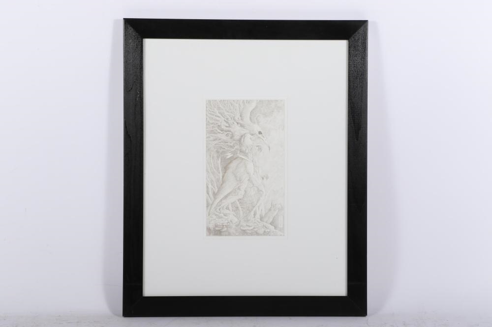 Artwork by Amy Ashbaugh, mythical beast, zoomorphic bird form tree branches, Made of Graphite On Paper