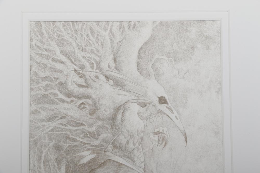 Artwork by Amy Ashbaugh, mythical beast, zoomorphic bird form tree branches, Made of Graphite On Paper