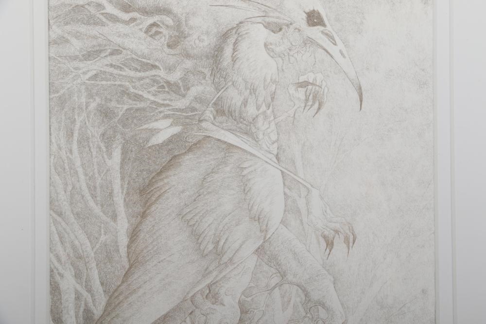Artwork by Amy Ashbaugh, mythical beast, zoomorphic bird form tree branches, Made of Graphite On Paper