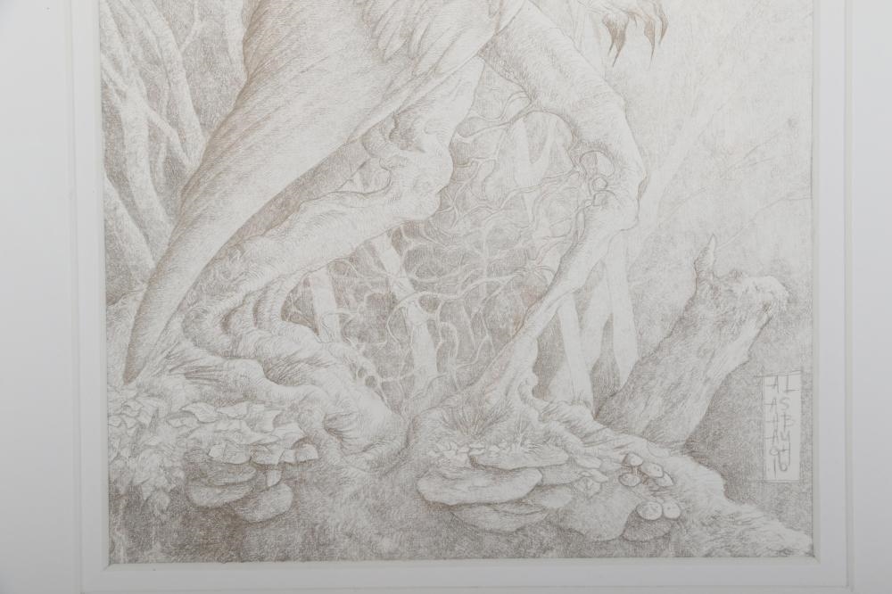 Artwork by Amy Ashbaugh, mythical beast, zoomorphic bird form tree branches, Made of Graphite On Paper