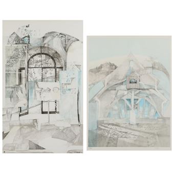 A diptych of architectural sketches featuring arched structures and geometric forms.