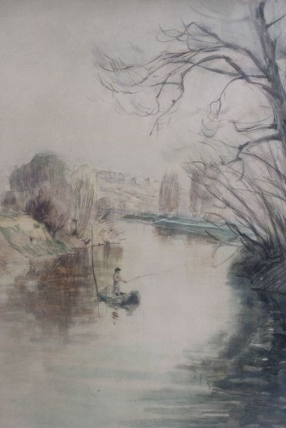 Artwork by Charles Jouas, Fisherman on his river, Made of Watercolor And Drawing On Paper