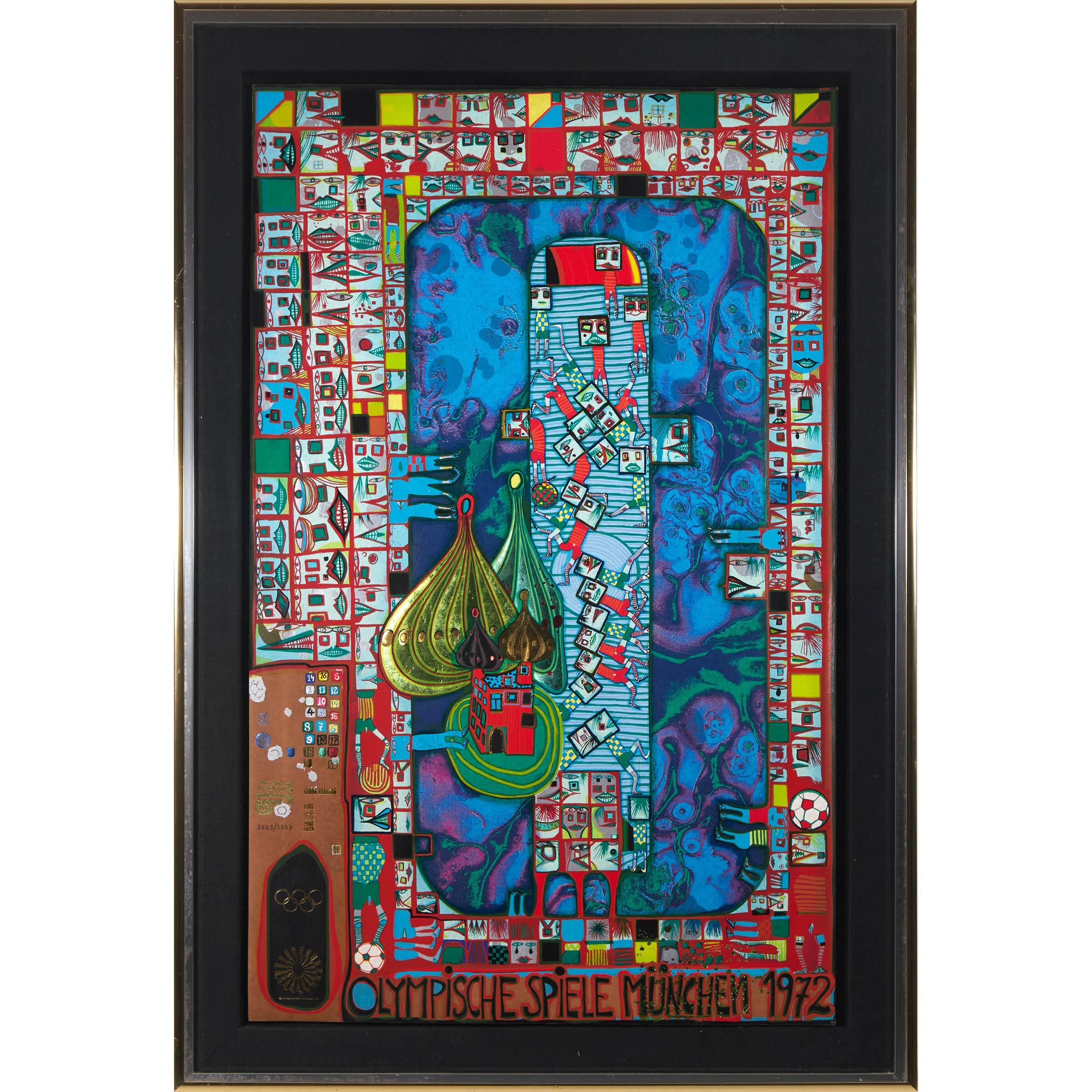 Artwork by Friedensreich Hundertwasser, OLYMPISCHE SPIELE MÜNCHEN, Made of Screenprint Incolours With Metal Embossing On Heavy Tarred Brown Paper
