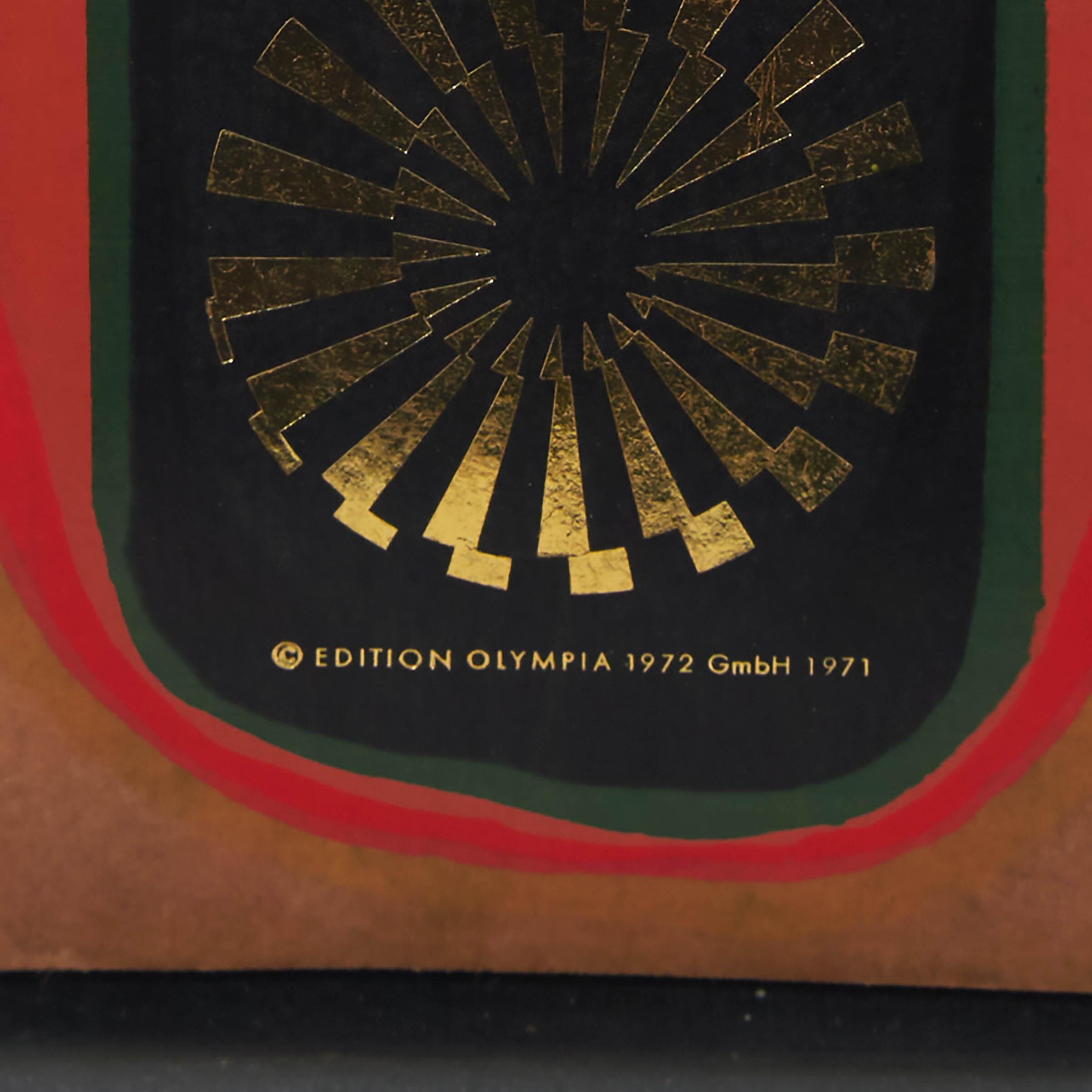 Artwork by Friedensreich Hundertwasser, OLYMPISCHE SPIELE MÜNCHEN, Made of Screenprint Incolours With Metal Embossing On Heavy Tarred Brown Paper
