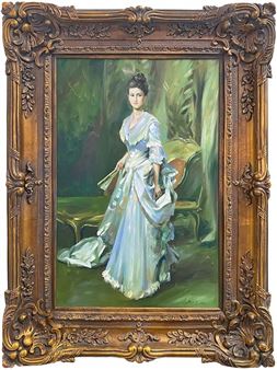 A lady in a pale blue lace-trimmed gown with fan, before a verdant background and seat - John Singer Sargent