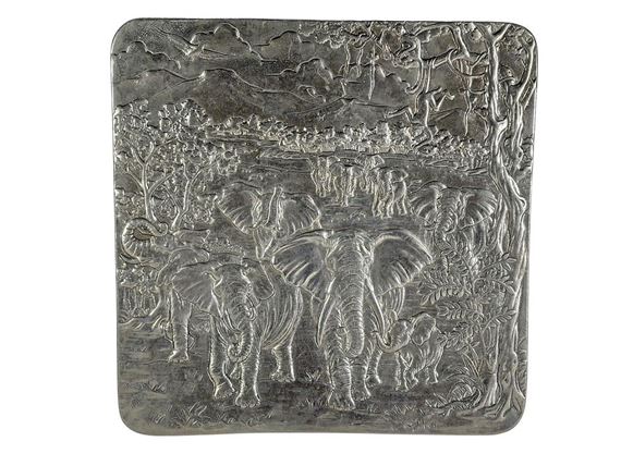 Square plate with relief of an elephant herd in a forest - Arthur Court