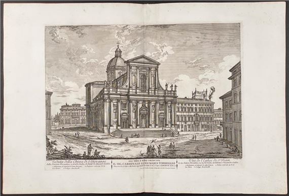A detailed engraving of a grand classical building with a dome, set in an urban plaza.