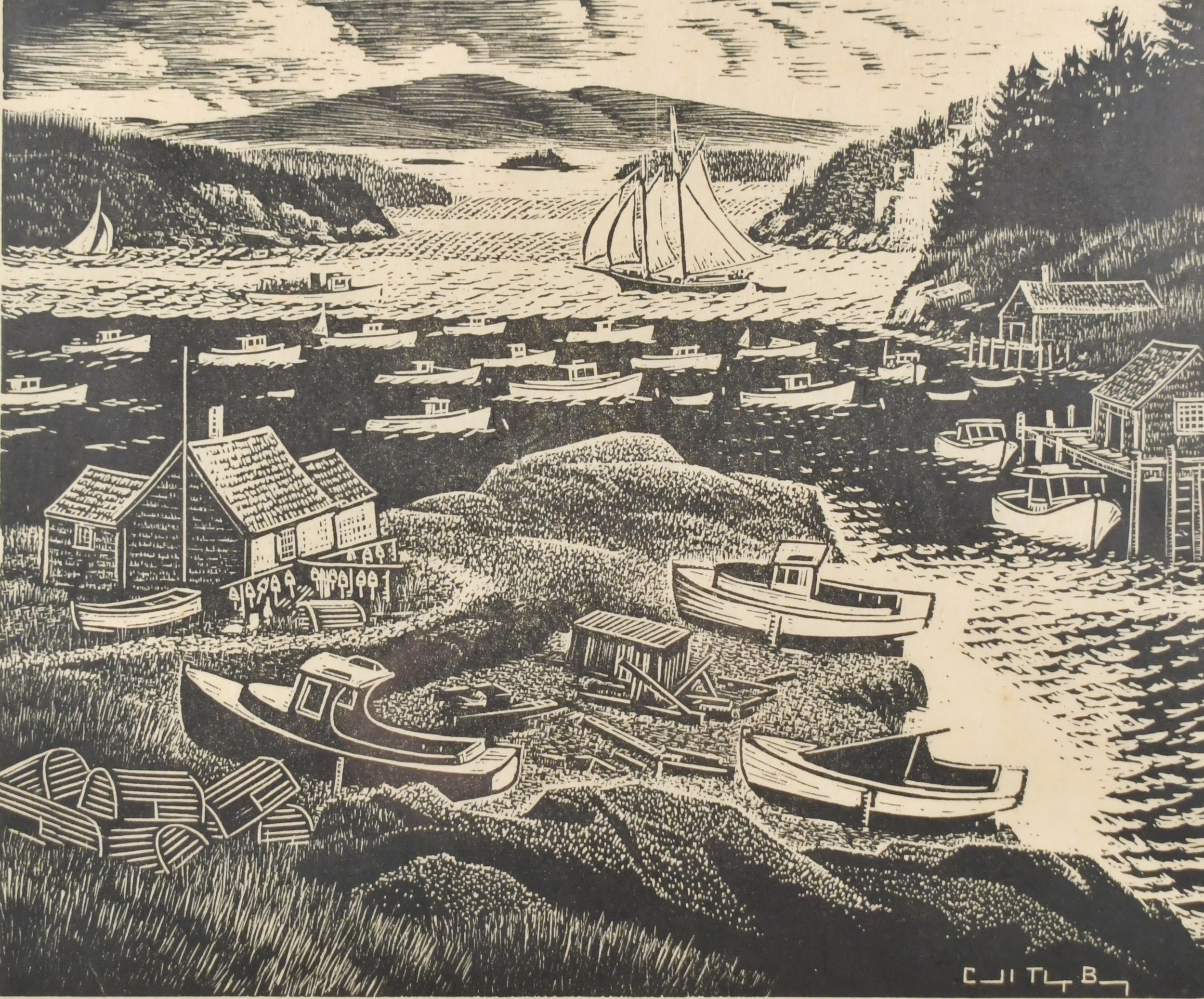 Artwork by Caroll Thayer Berry, WOODBLOCK PRINT, STONINGTON, ME, Made of Woodblock Print