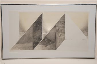 A framed print featuring a geometric composition of five triangular panels revealing different textured landscapes.