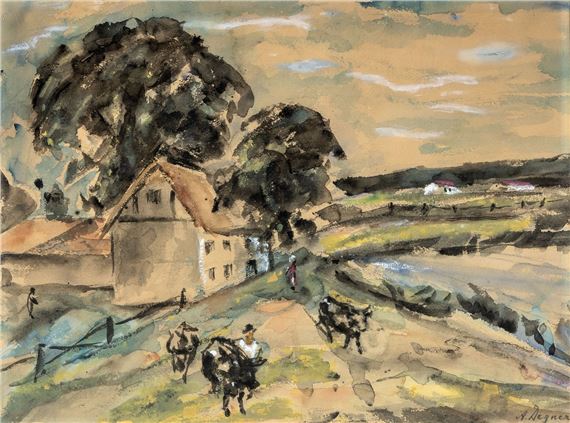 Dörfliche Landschaft am Fluss mit Bauern und Vieh - Arthur Degner