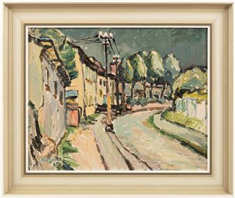 Vorstadtstraße mit Telegrafenmasten und Bäumen - Kurt Prignitz