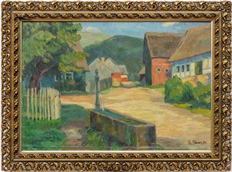 Dorfplatz mit Brunnen vor hügeliger Landschaft - Theodor Rasor