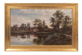 Rural River Scene with Romanesque Church and Bridge - Alfred Augustus Glendening, Sr.