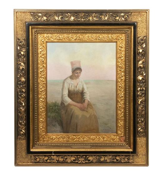 Bretonese Woman Seated on Beach, awaiting her love with downcast eyes and folded hands by Frank C. Penfold, 1883