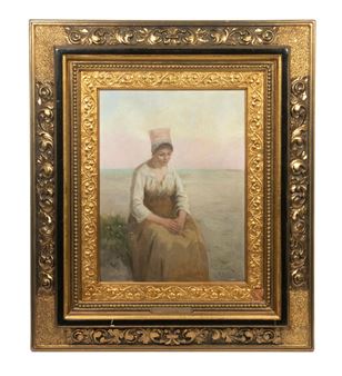 Bretonese Woman Seated on Beach, awaiting her love with downcast eyes and folded hands - Frank C. Penfold