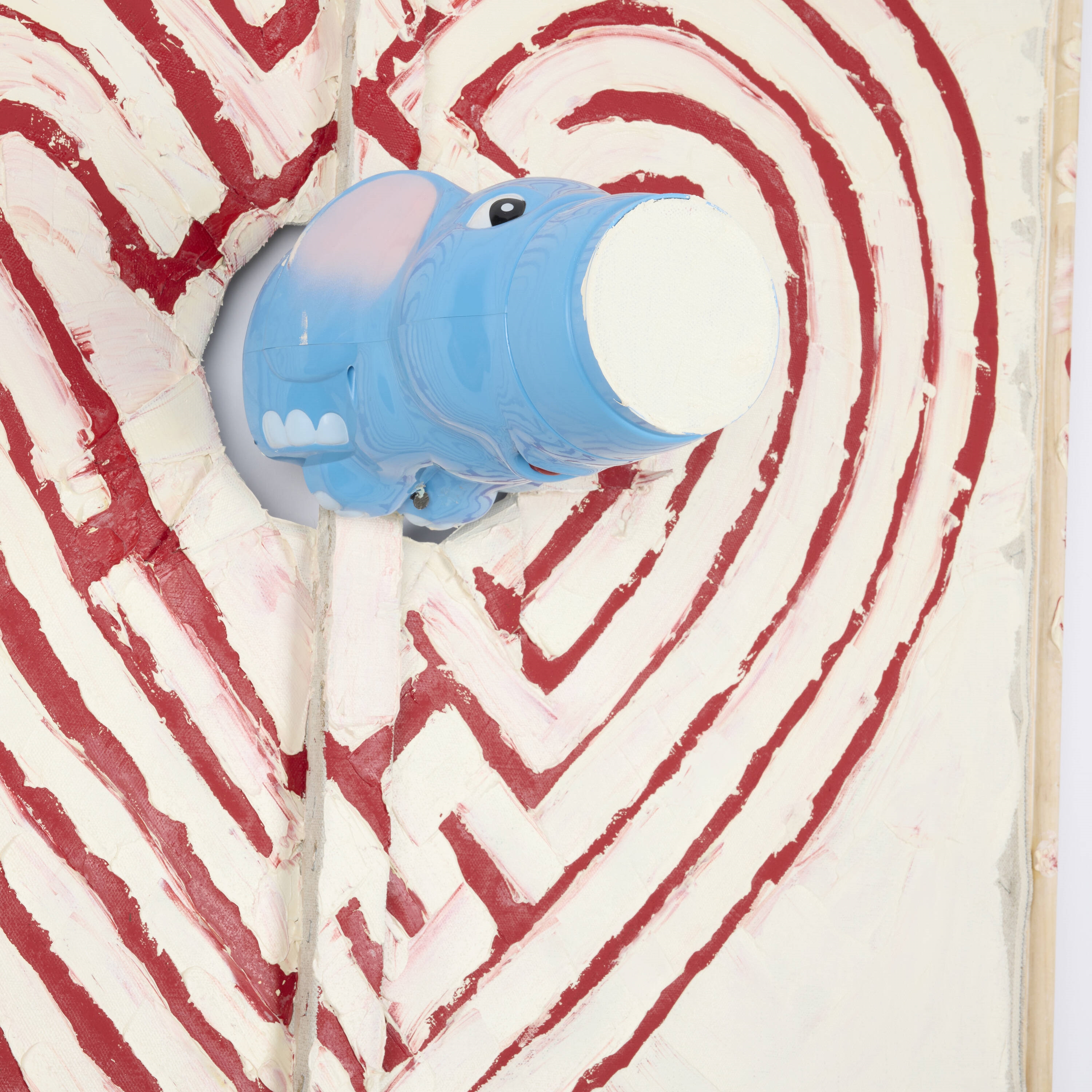 Artwork by Mike Cloud, Elephant on Heart Maze, Made of Oil On Linen With Plastic Child’S Toy And Stretcher Bars