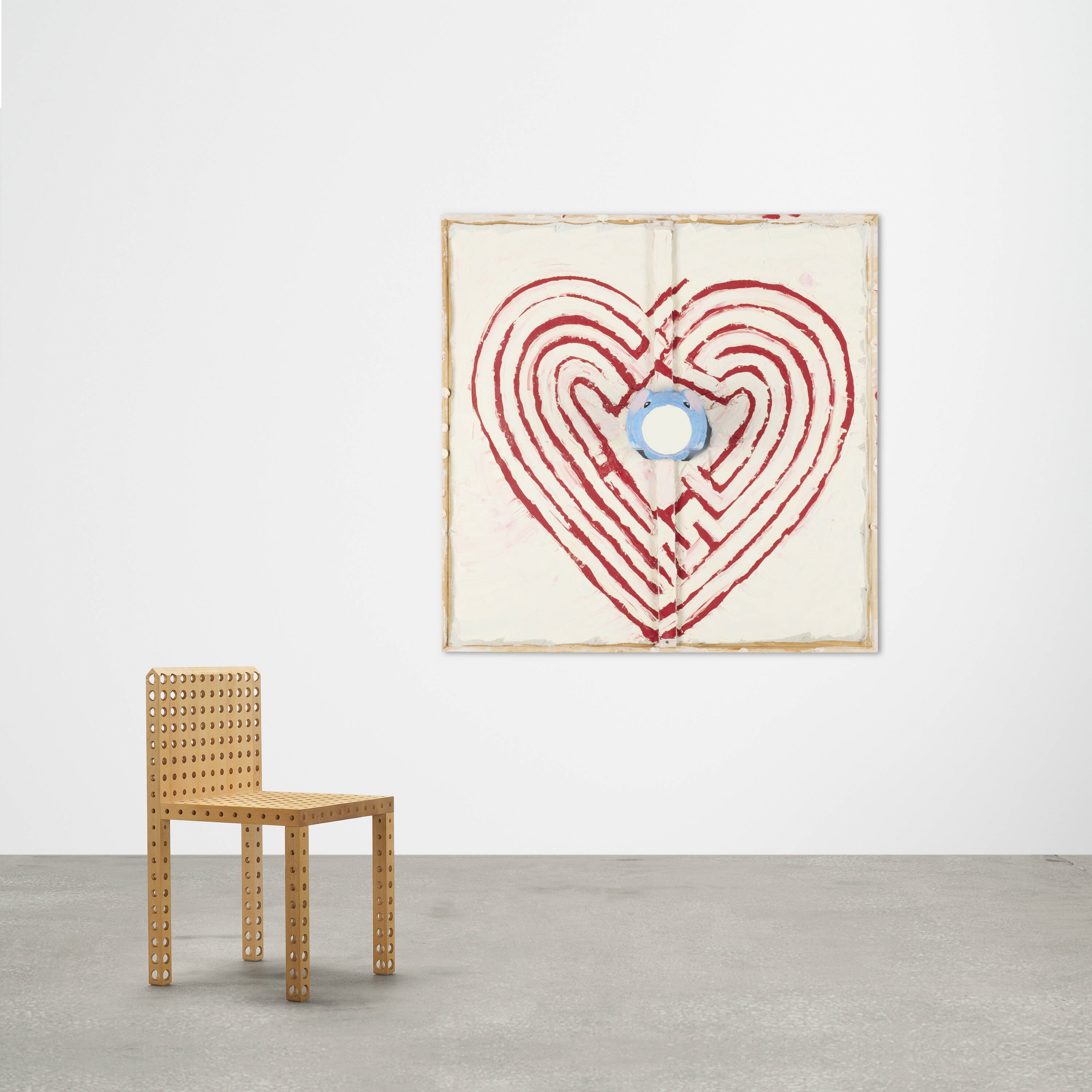 Artwork by Mike Cloud, Elephant on Heart Maze, Made of Oil On Linen With Plastic Child’S Toy And Stretcher Bars