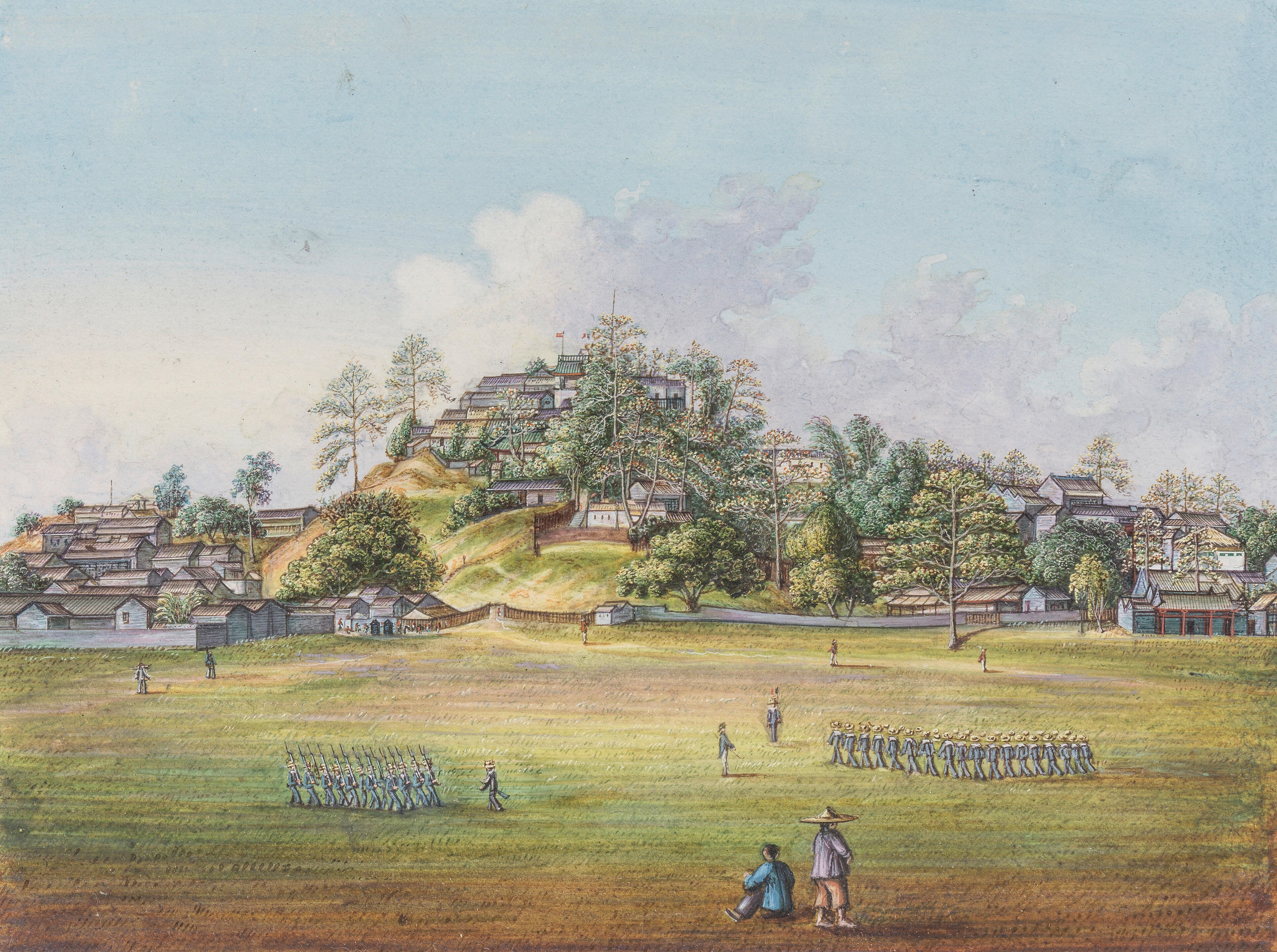 Artwork by Chinese School, 19th Century, Canton: British and French encampment, Made of gouache on embossed paper