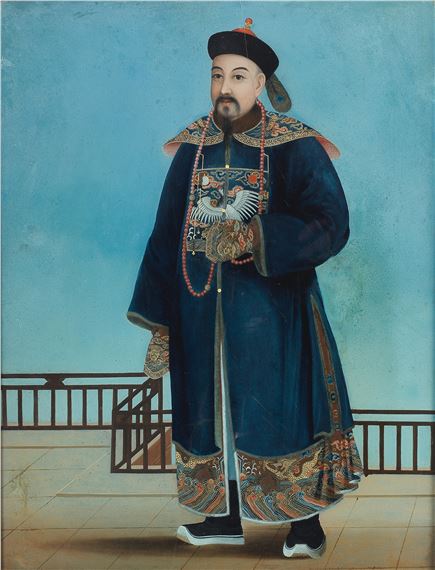 A reverse glass painting of an official of the Imperial court